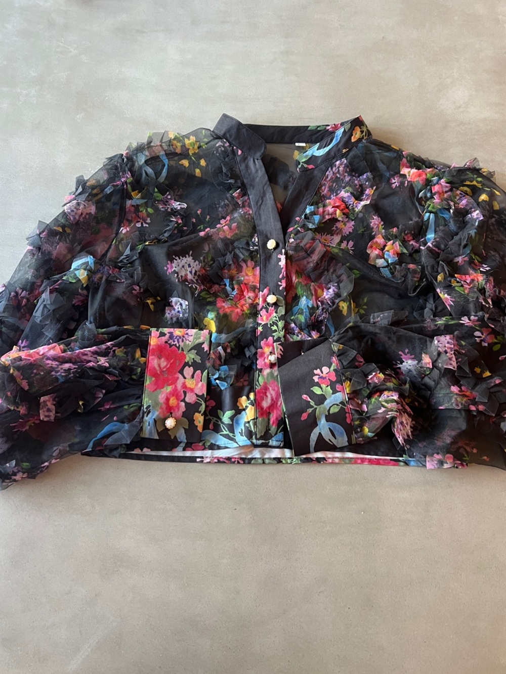 SHEIN Black Sheer Floral Ruffle Button-Front Crop Top